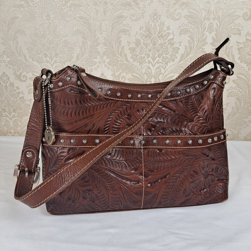 American West Brown Hand Tooled Shoulder Bag Vegetable Dyed Silver Studs